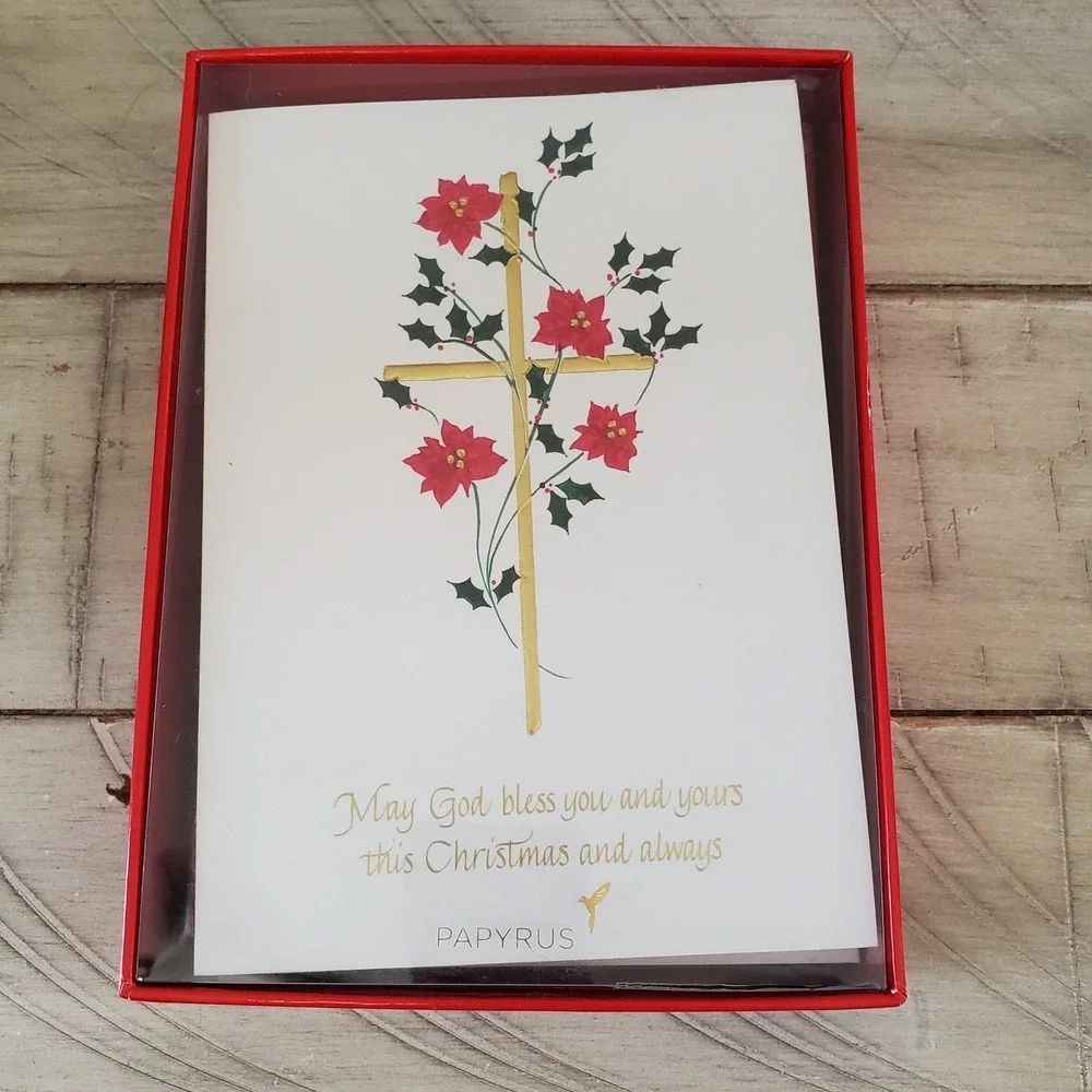 Papyrus Embossed Gold Floral Cross Christmas Card Set Envelopes Gold Stickers 14